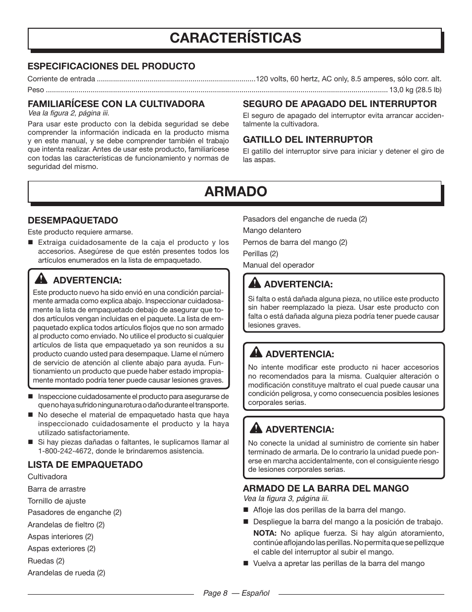 Características, Armado | Homelite UT46510 User Manual | Page 34 / 40