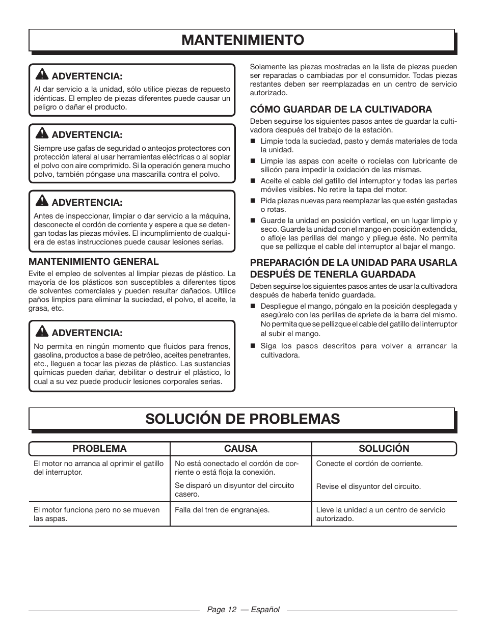 Mantenimiento, Solución de problemas | Homelite UT46510 User Manual | Page 38 / 40