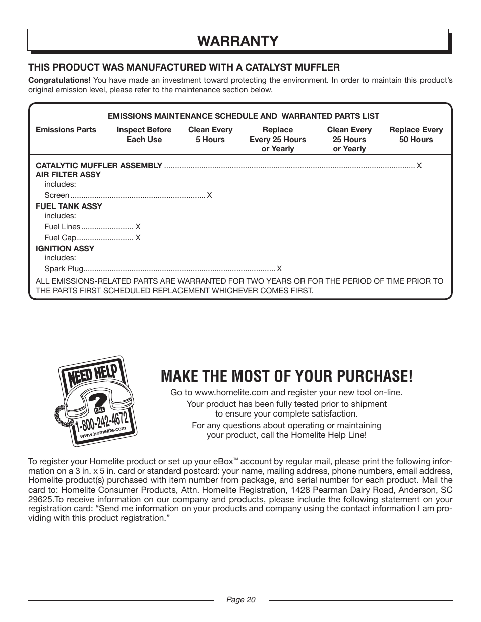 Make the most of your purchase, Warranty | Homelite MIGHTYLITE UT21907 User Manual | Page 20 / 22