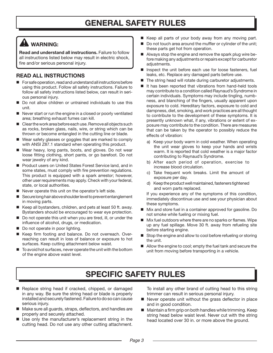 General safety rules, Specific safety rules, Warning | Read all instructions | Homelite MIGHTYLITE UT21907 User Manual | Page 3 / 22