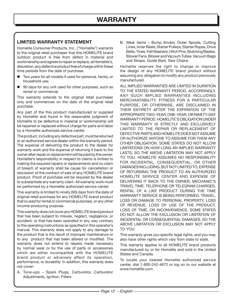 Warranty | Homelite UT44120 User Manual | Page 14 / 38