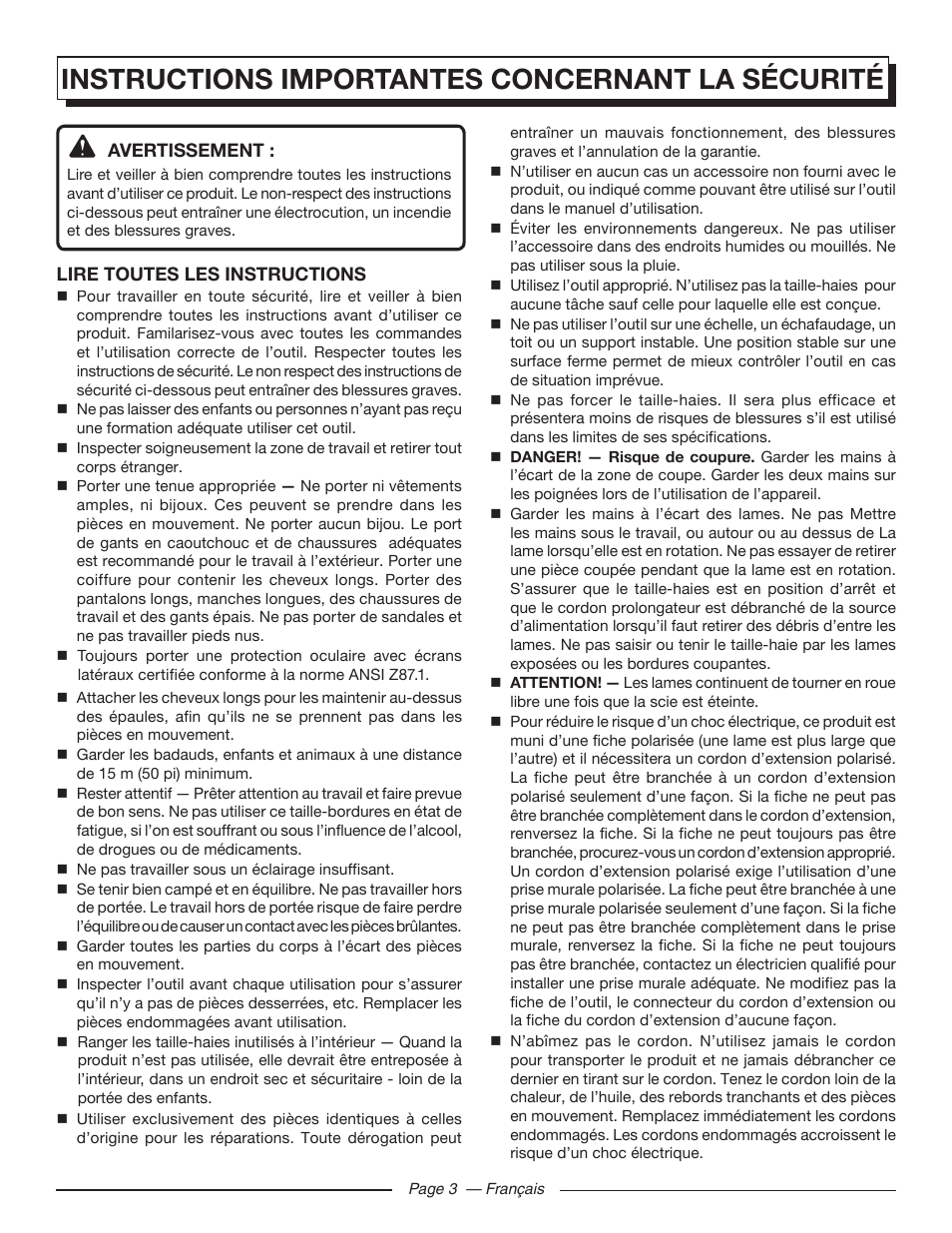 Instructions importantes concernant la sécurité | Homelite UT44120 User Manual | Page 16 / 38