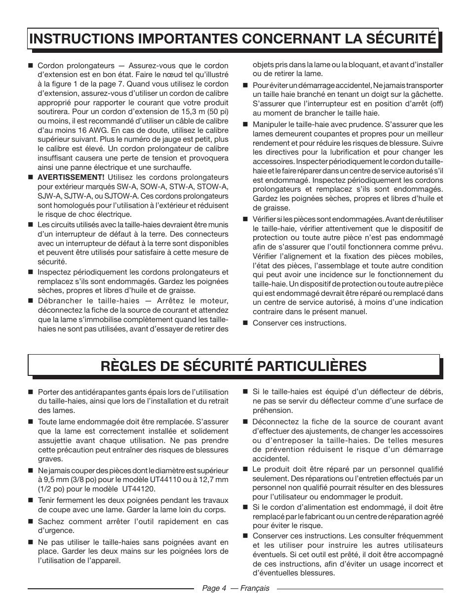 Règles de sécurité particulières, Instructions importantes concernant la sécurité | Homelite UT44120 User Manual | Page 17 / 38