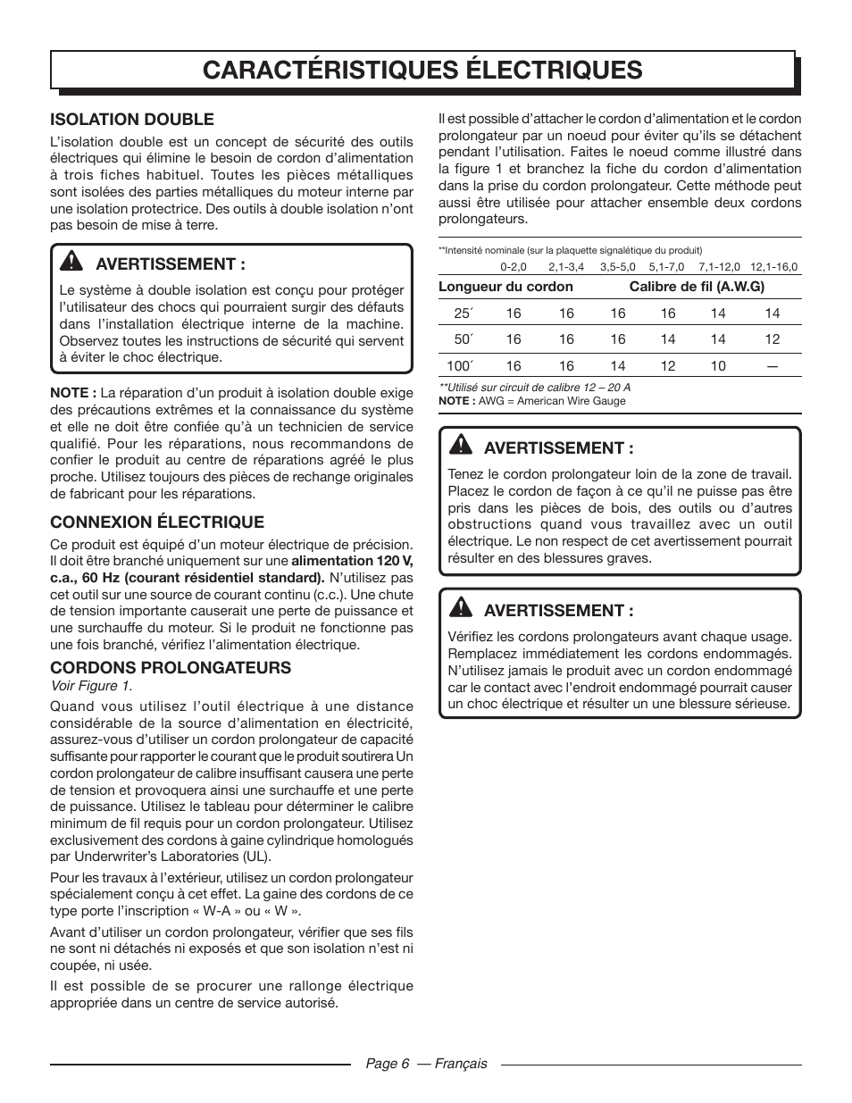 Fonctions caractéristiques électriques | Homelite UT44120 User Manual | Page 19 / 38