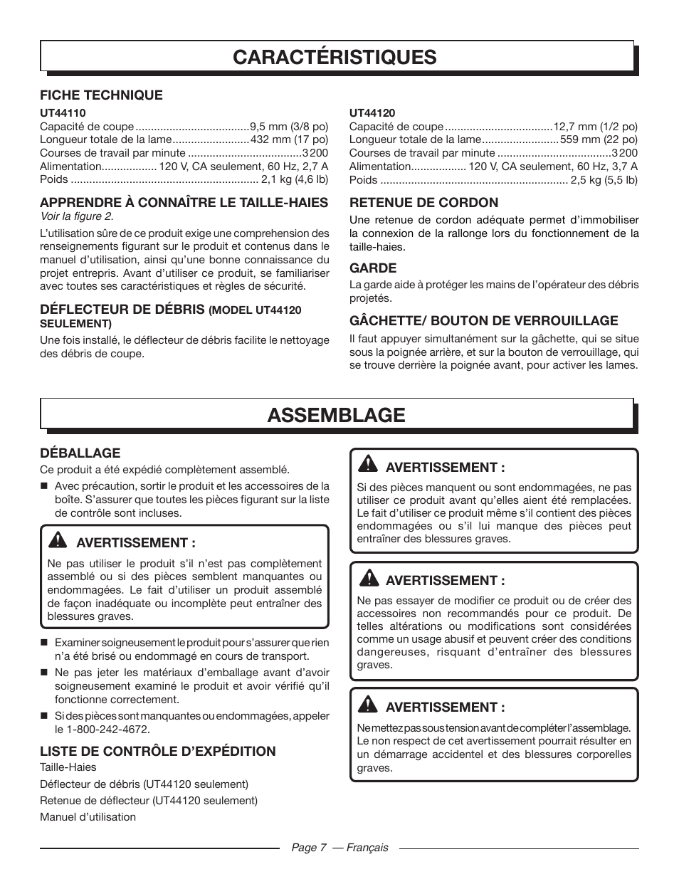 Assemblage, Caractéristiques | Homelite UT44120 User Manual | Page 20 / 38