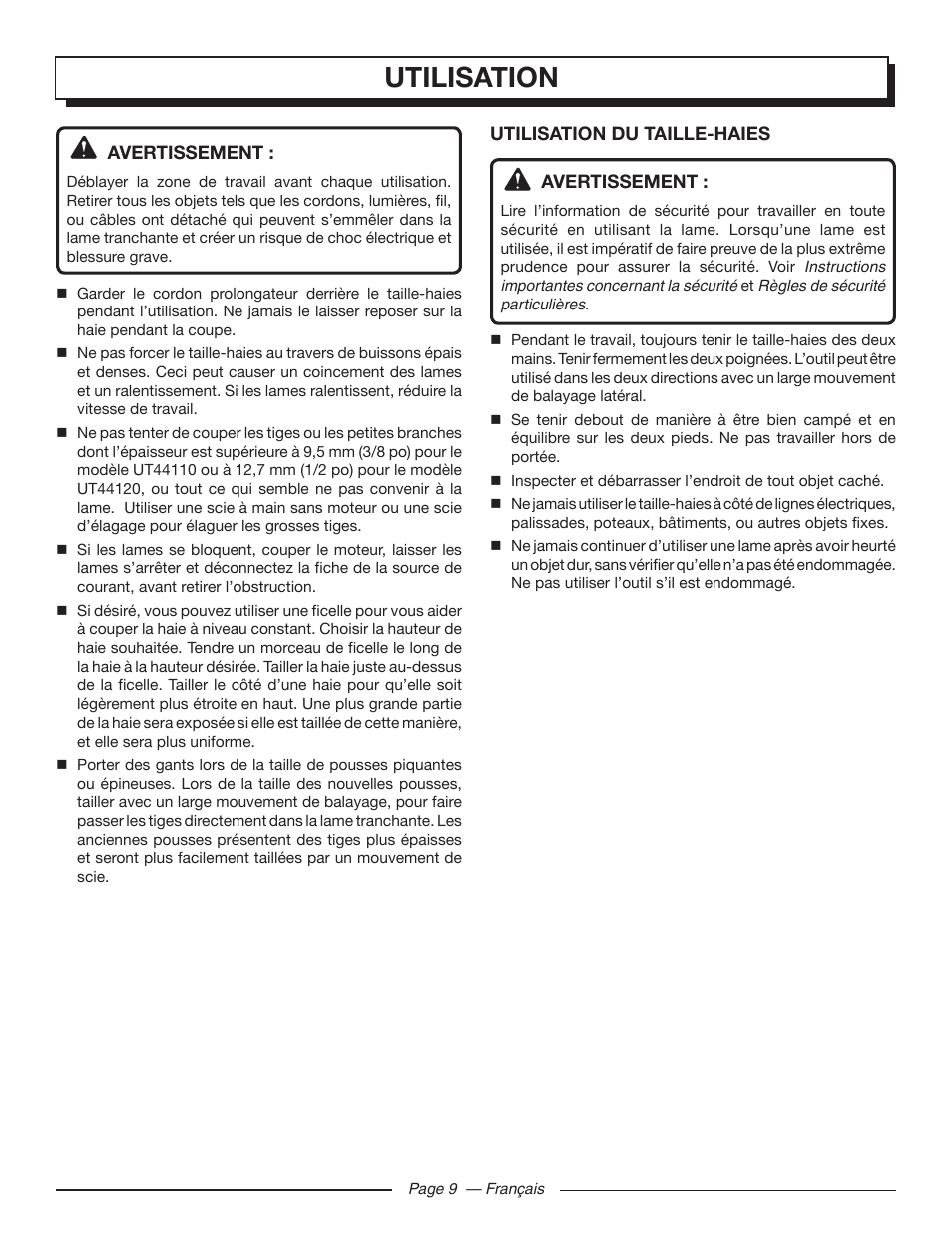 Utilisation | Homelite UT44120 User Manual | Page 22 / 38