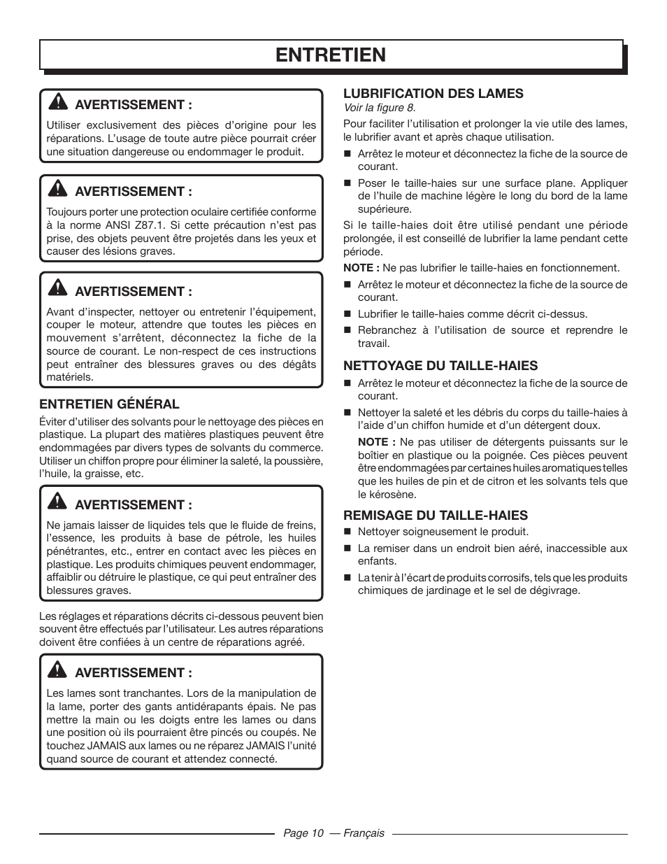 Entretien | Homelite UT44120 User Manual | Page 23 / 38