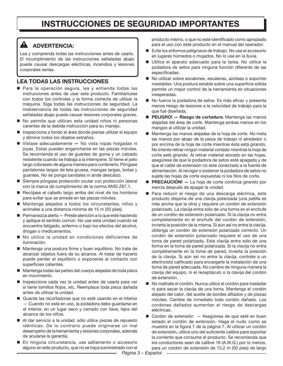 Instrucciones de seguridad importantes, Advertencia, Lea todas las instrucciones | Homelite UT44120 User Manual | Page 27 / 38