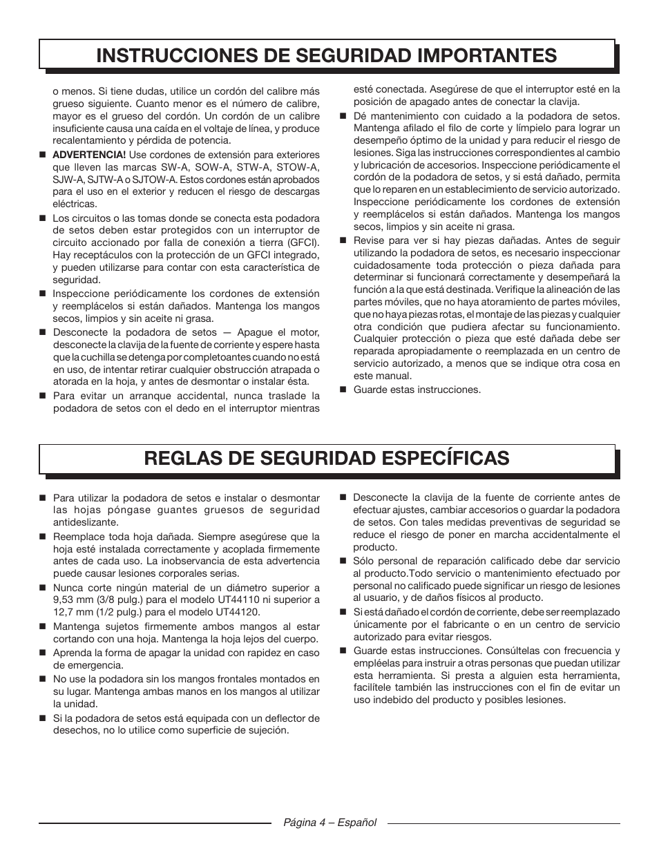 Reglas de seguridad específicas, Instrucciones de seguridad importantes | Homelite UT44120 User Manual | Page 28 / 38