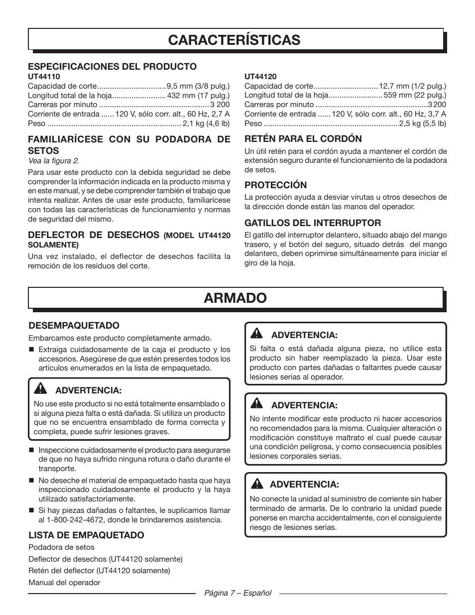 Características, Armado | Homelite UT44120 User Manual | Page 31 / 38