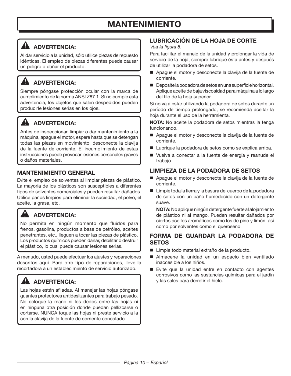 Mantenimiento | Homelite UT44120 User Manual | Page 34 / 38