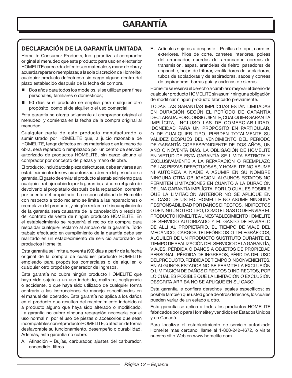 Garantía | Homelite UT44120 User Manual | Page 36 / 38