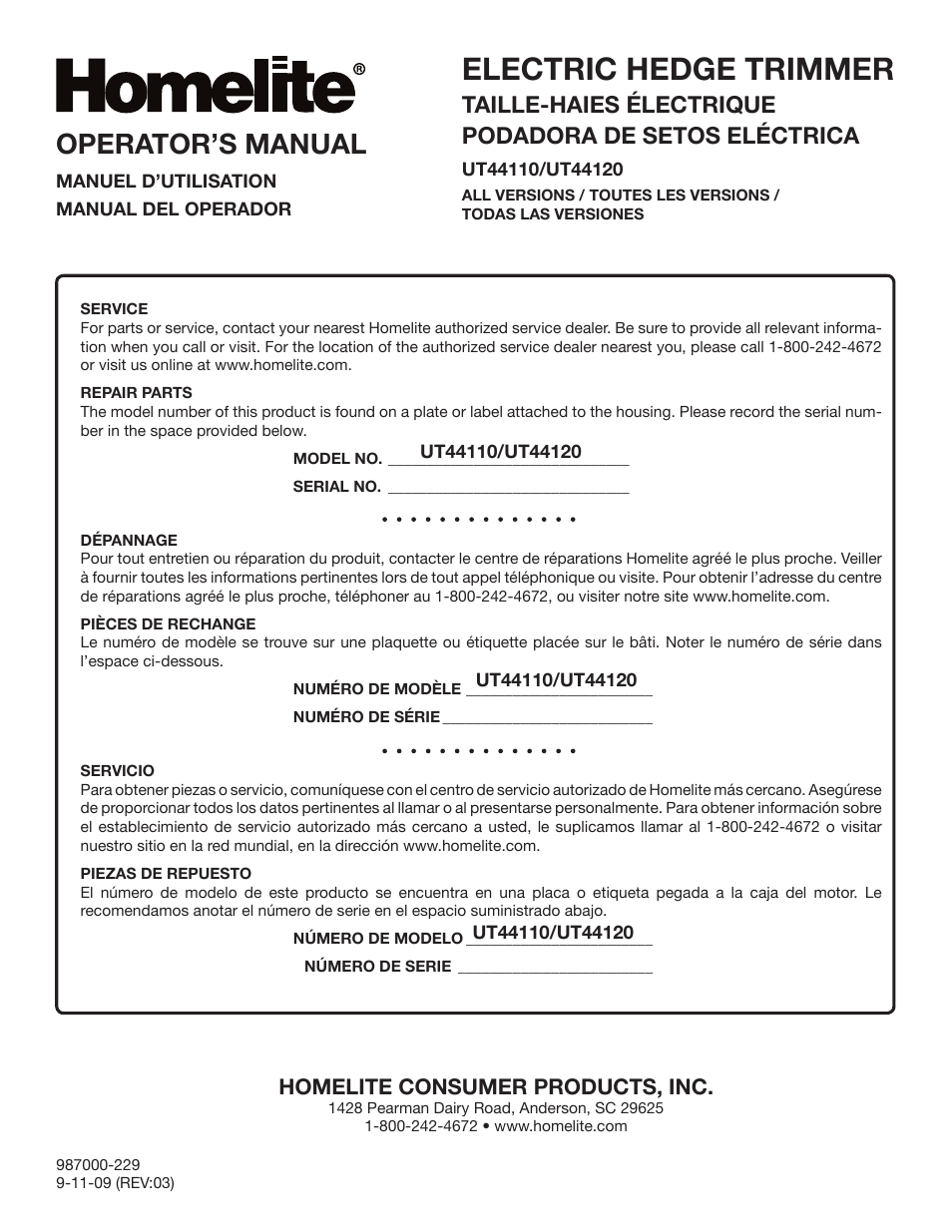 Electric hedge trimmer, Operator’s manual, Homelite consumer products, inc | Homelite UT44120 User Manual | Page 38 / 38