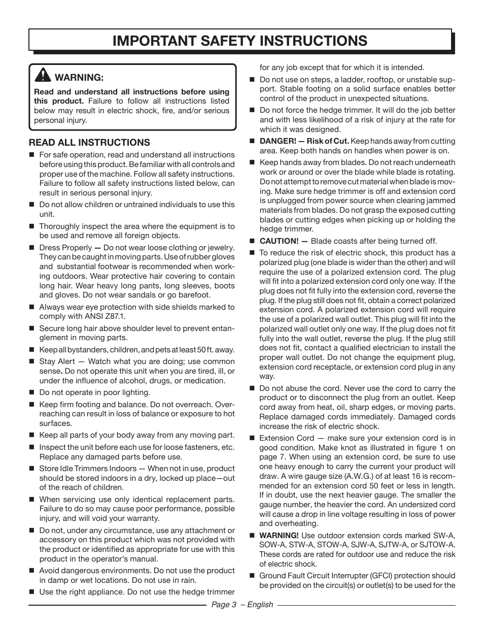 Important safety instructions | Homelite UT44120 User Manual | Page 5 / 38