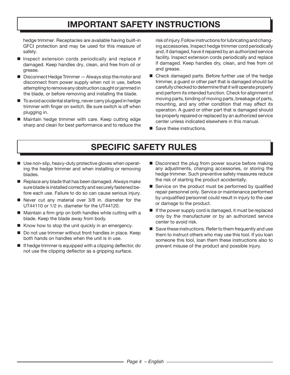 Specific safety rules, Important safety instructions | Homelite UT44120 User Manual | Page 6 / 38