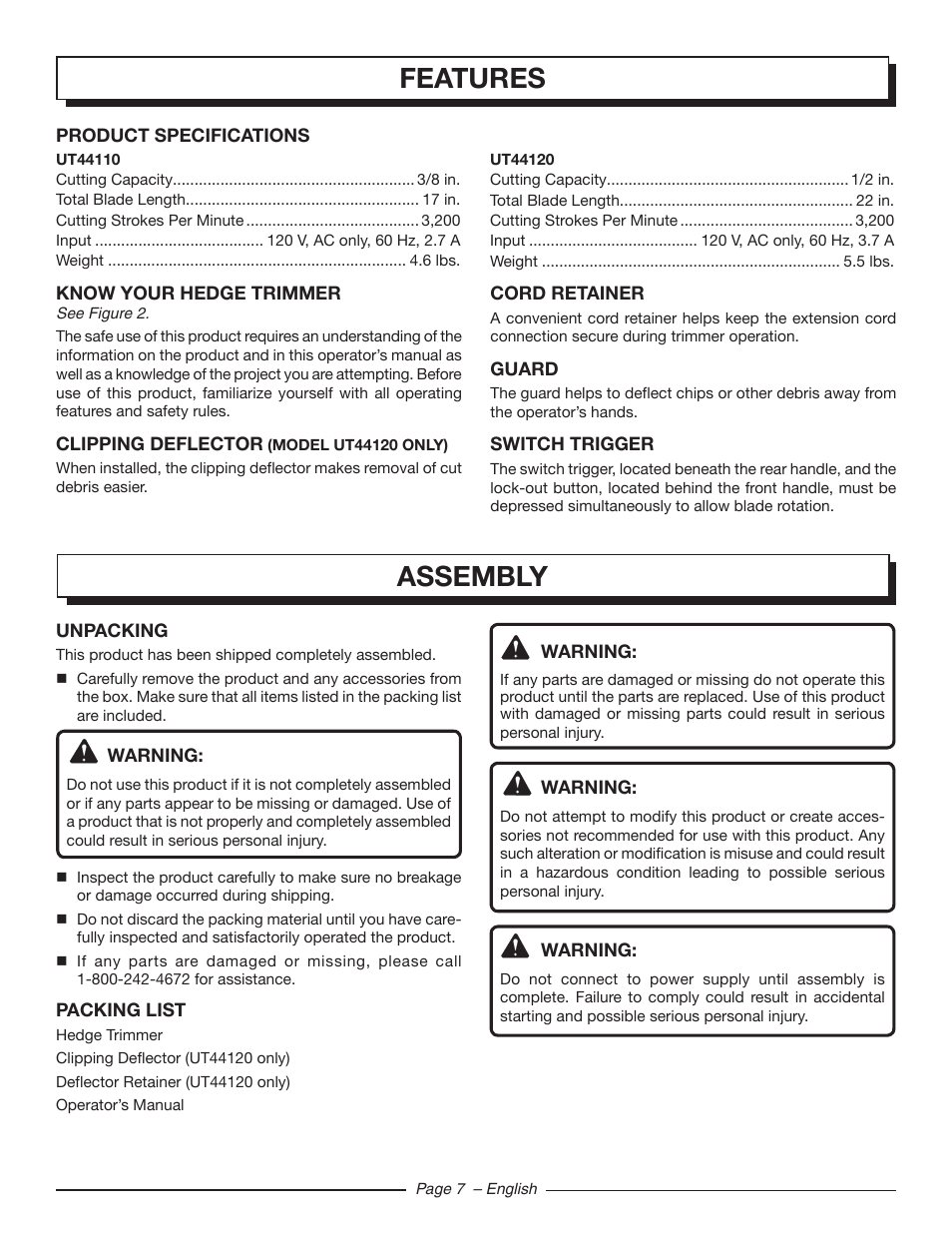 Features, Assembly | Homelite UT44120 User Manual | Page 9 / 38