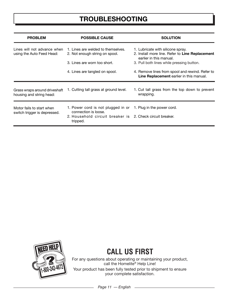 Call us first, Troubleshooting | Homelite UT41112 User Manual | Page 13 / 38