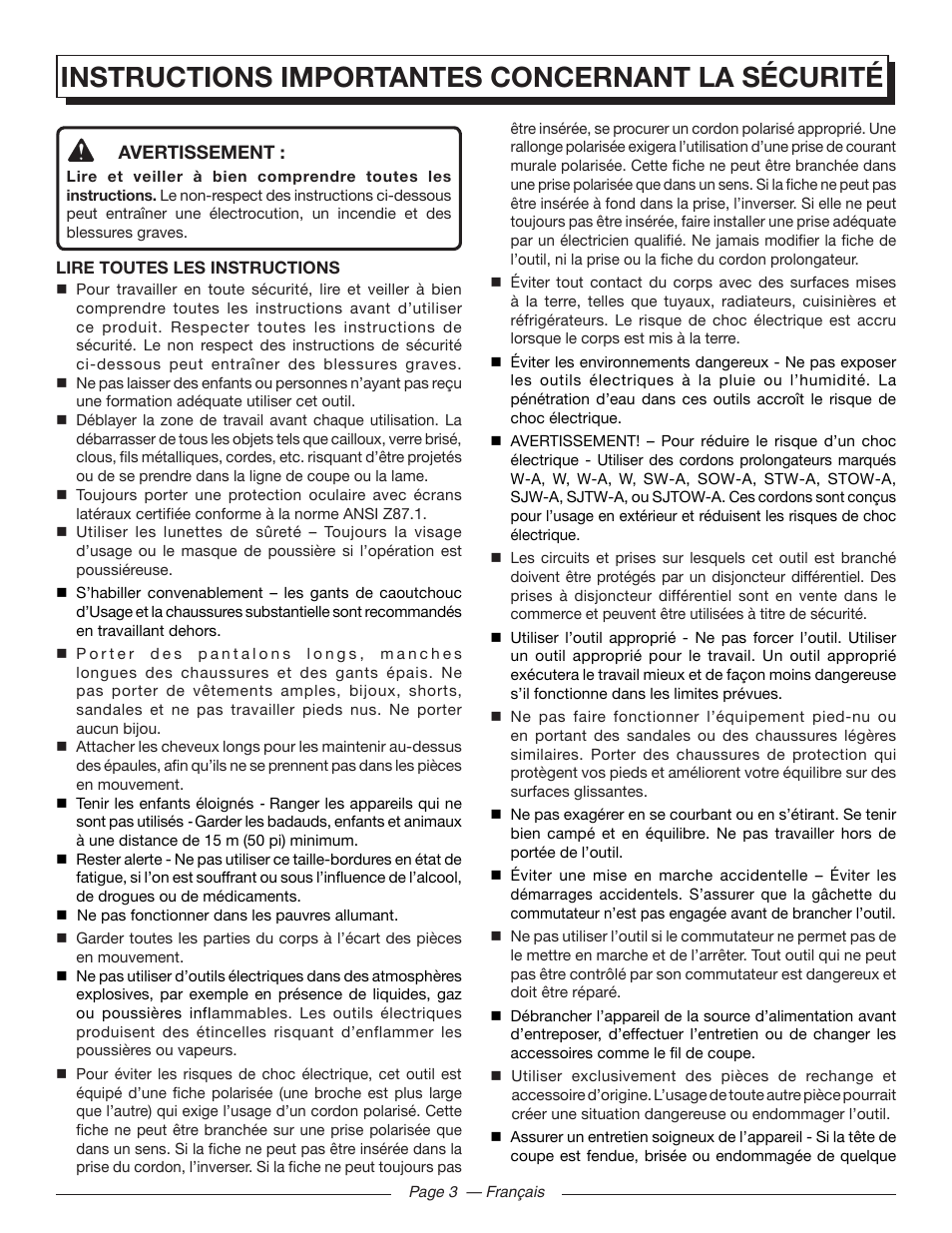 Instructions importantes concernant la sécurité | Homelite UT41112 User Manual | Page 16 / 38
