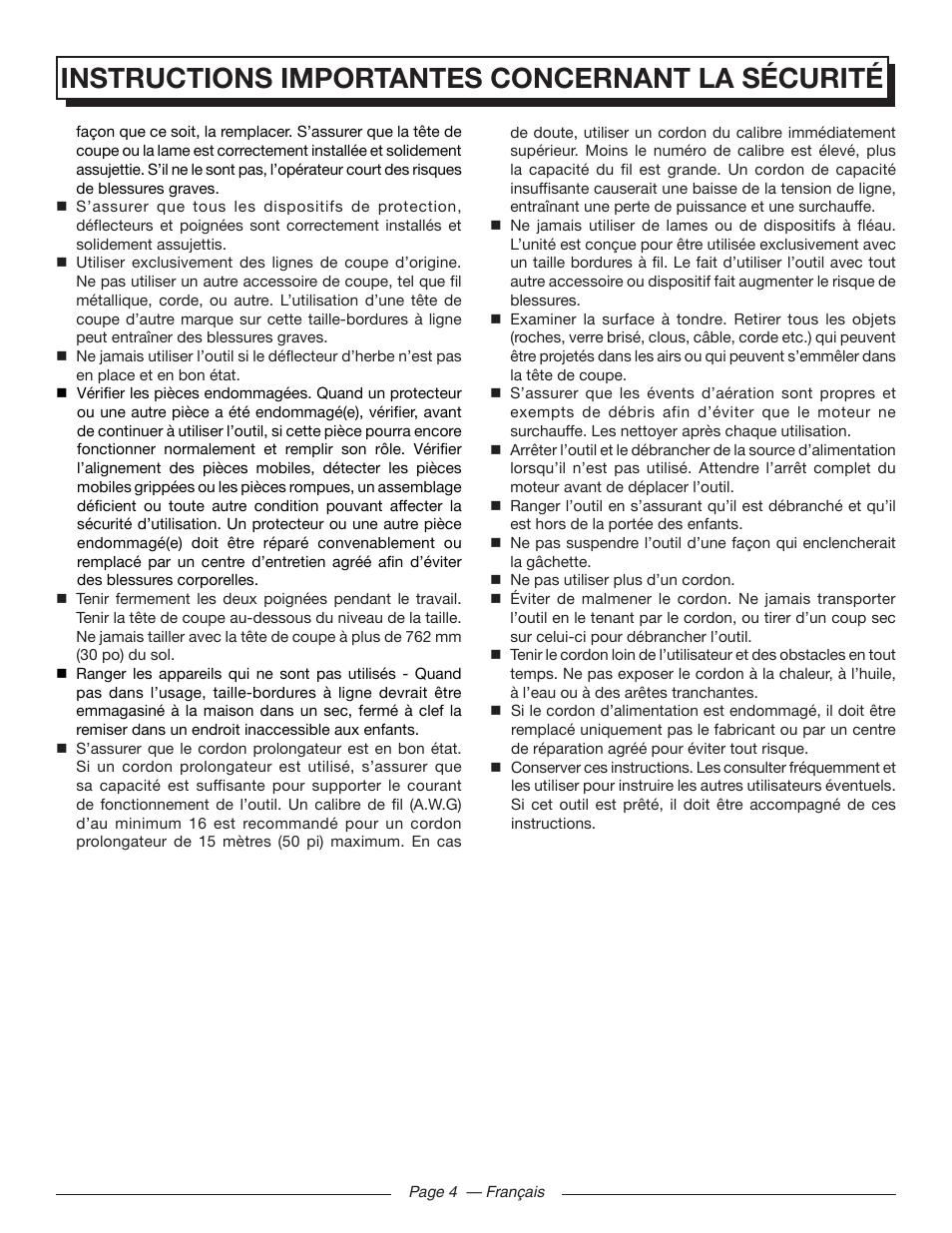 Instructions importantes concernant la sécurité | Homelite UT41112 User Manual | Page 17 / 38