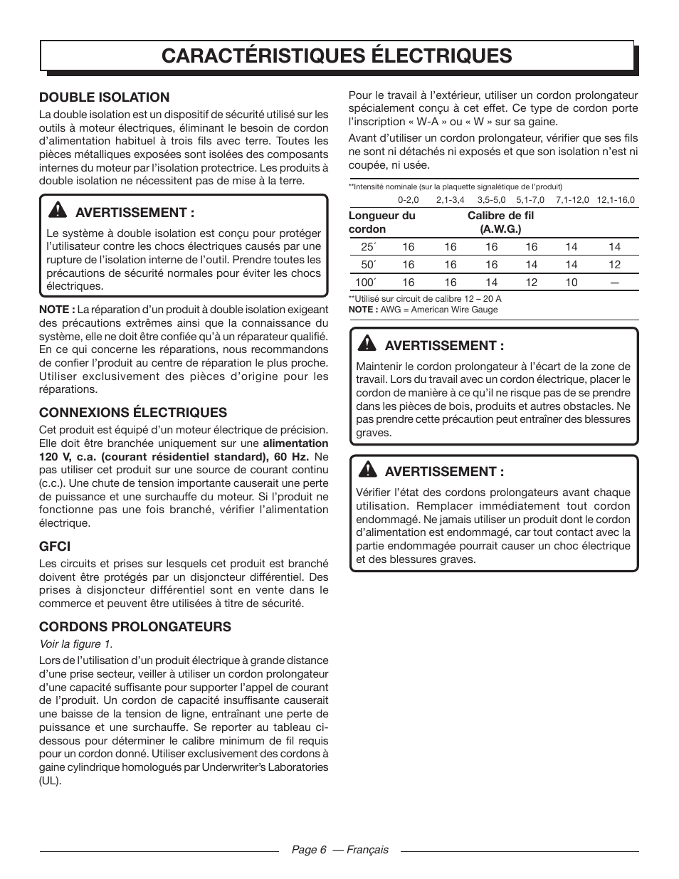 Caractéristiques électriques | Homelite UT41112 User Manual | Page 19 / 38