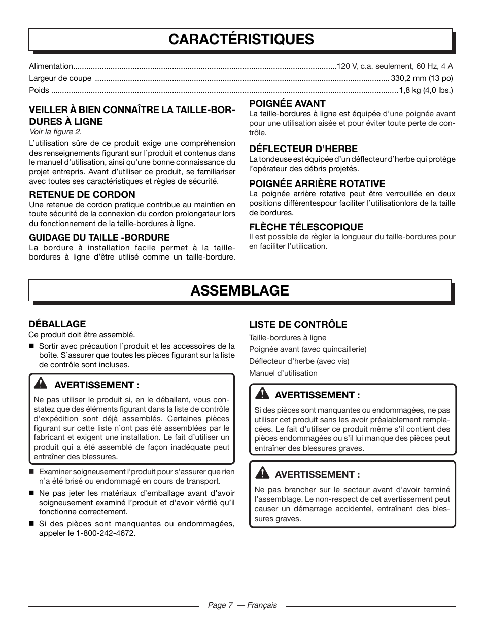 Caractéristiques, Assemblage | Homelite UT41112 User Manual | Page 20 / 38