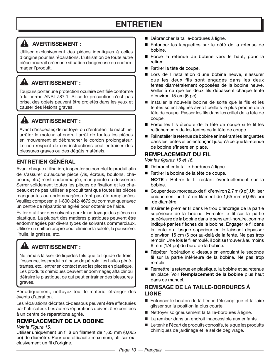 Entretien | Homelite UT41112 User Manual | Page 23 / 38