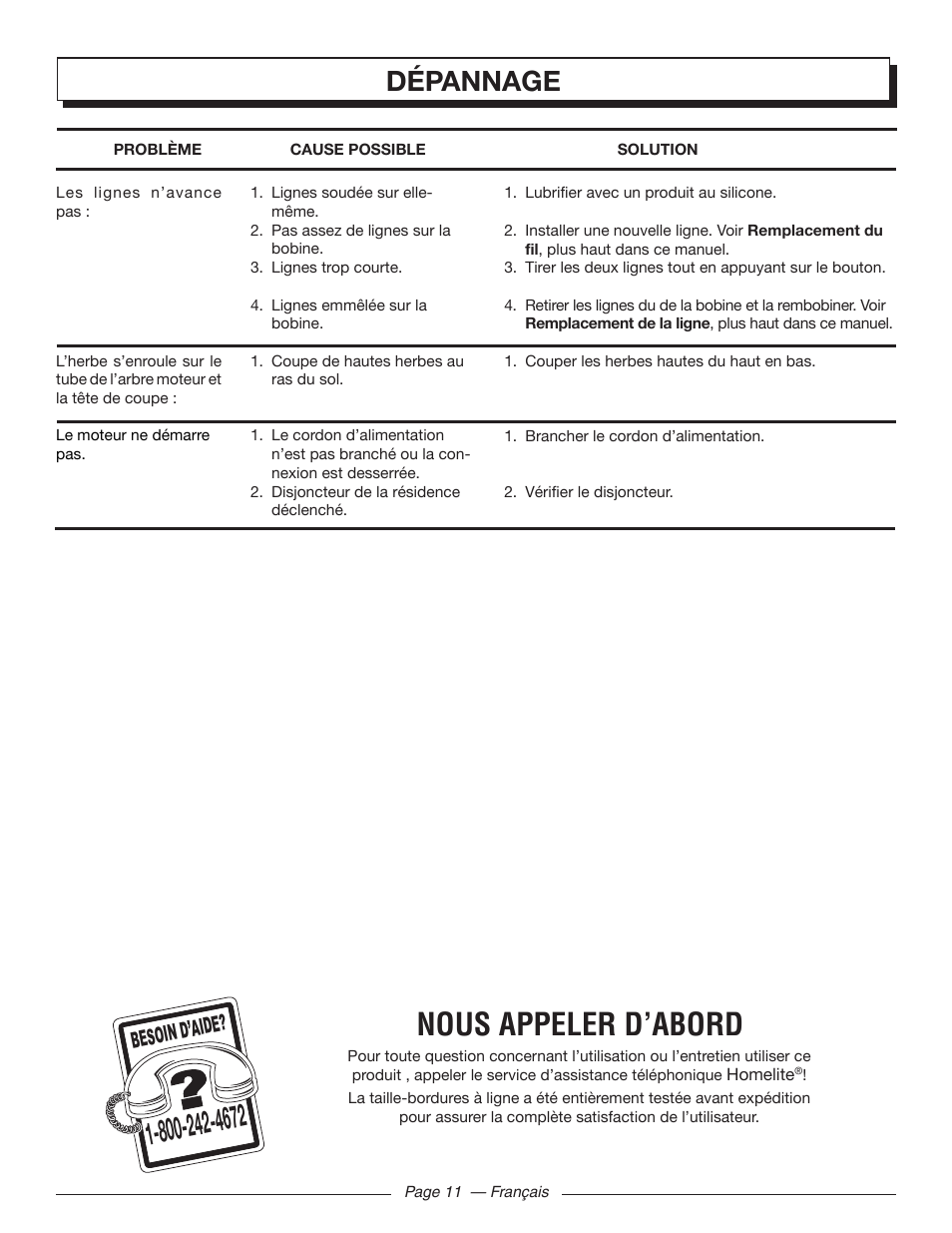 Nous appeler d’abord, Dépannage, Besoin d’aid e | Homelite UT41112 User Manual | Page 24 / 38