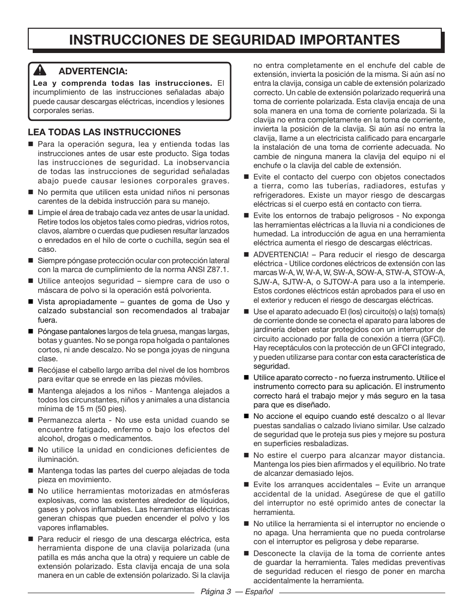 Instrucciones de seguridad importantes | Homelite UT41112 User Manual | Page 27 / 38