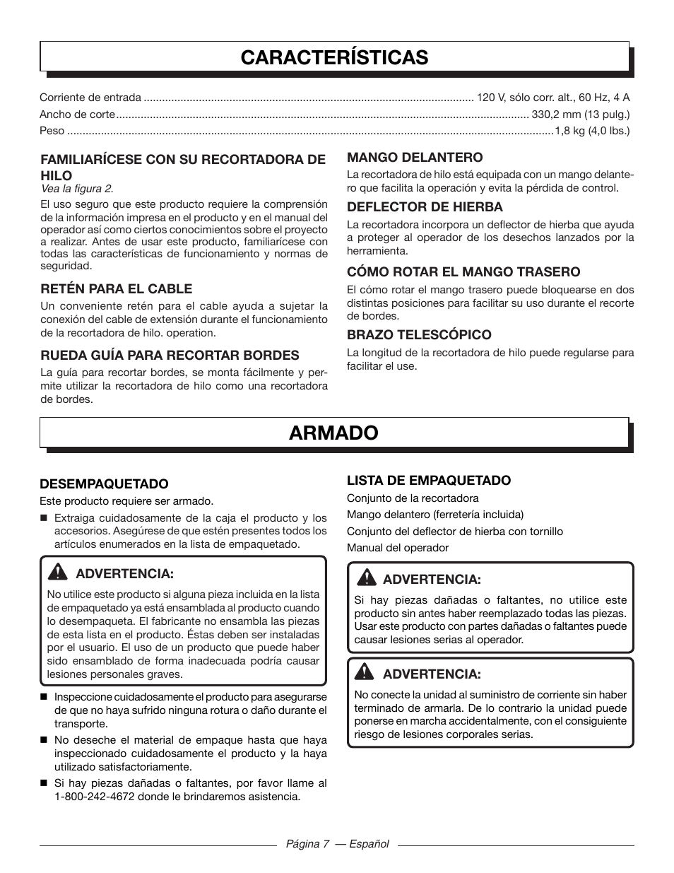 Características, Armado | Homelite UT41112 User Manual | Page 31 / 38