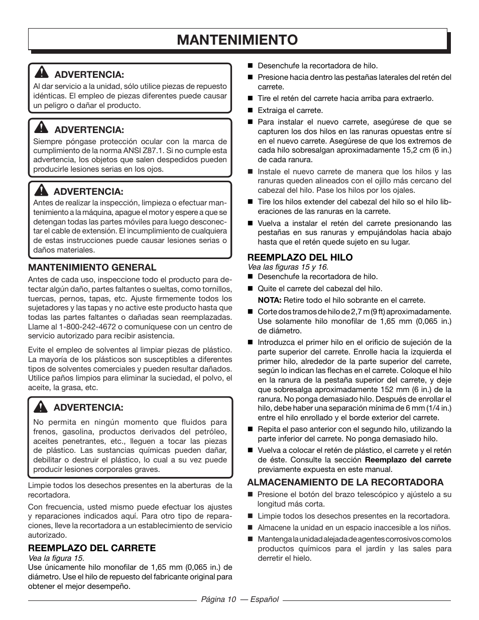 Mantenimiento | Homelite UT41112 User Manual | Page 34 / 38
