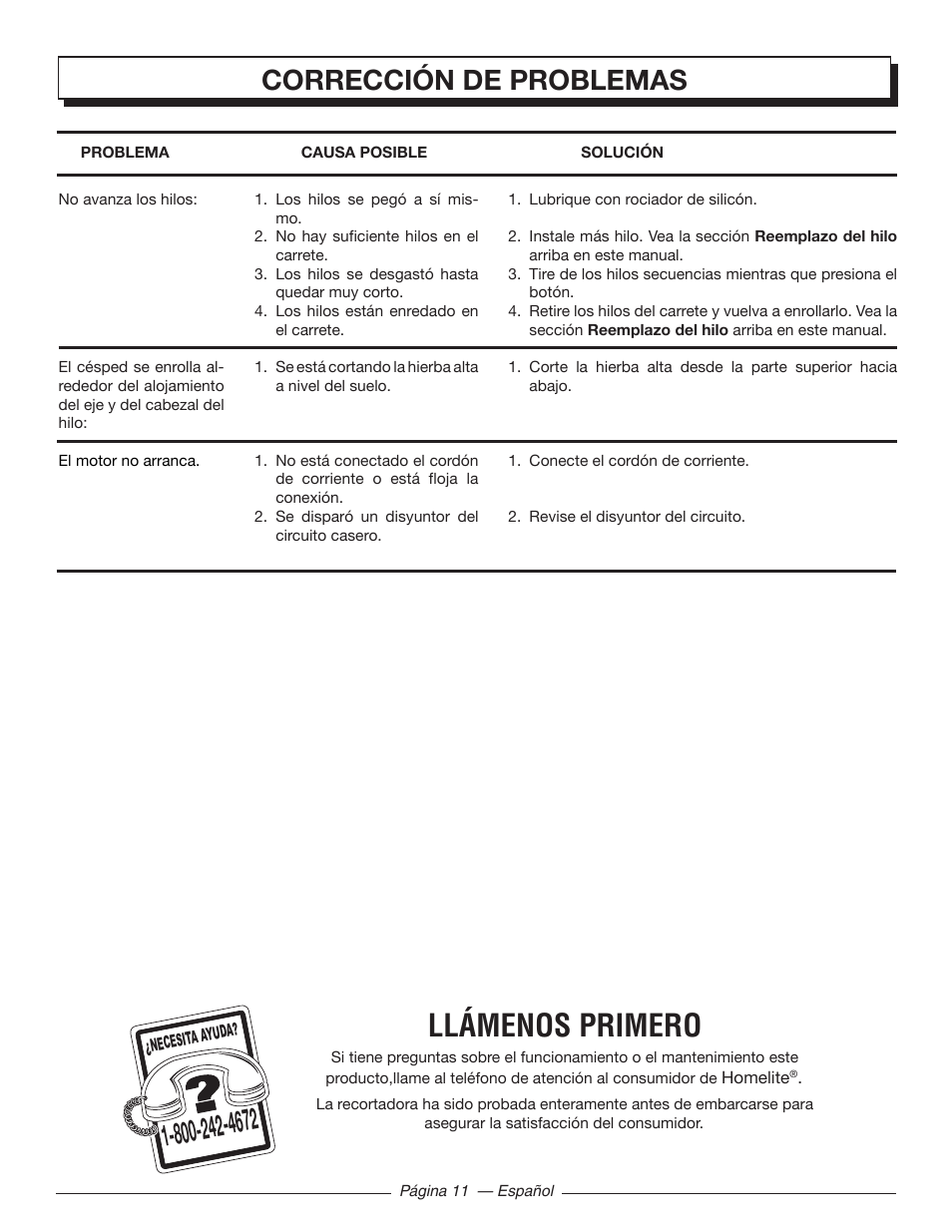 Llámenos primero, Corrección de problemas | Homelite UT41112 User Manual | Page 35 / 38