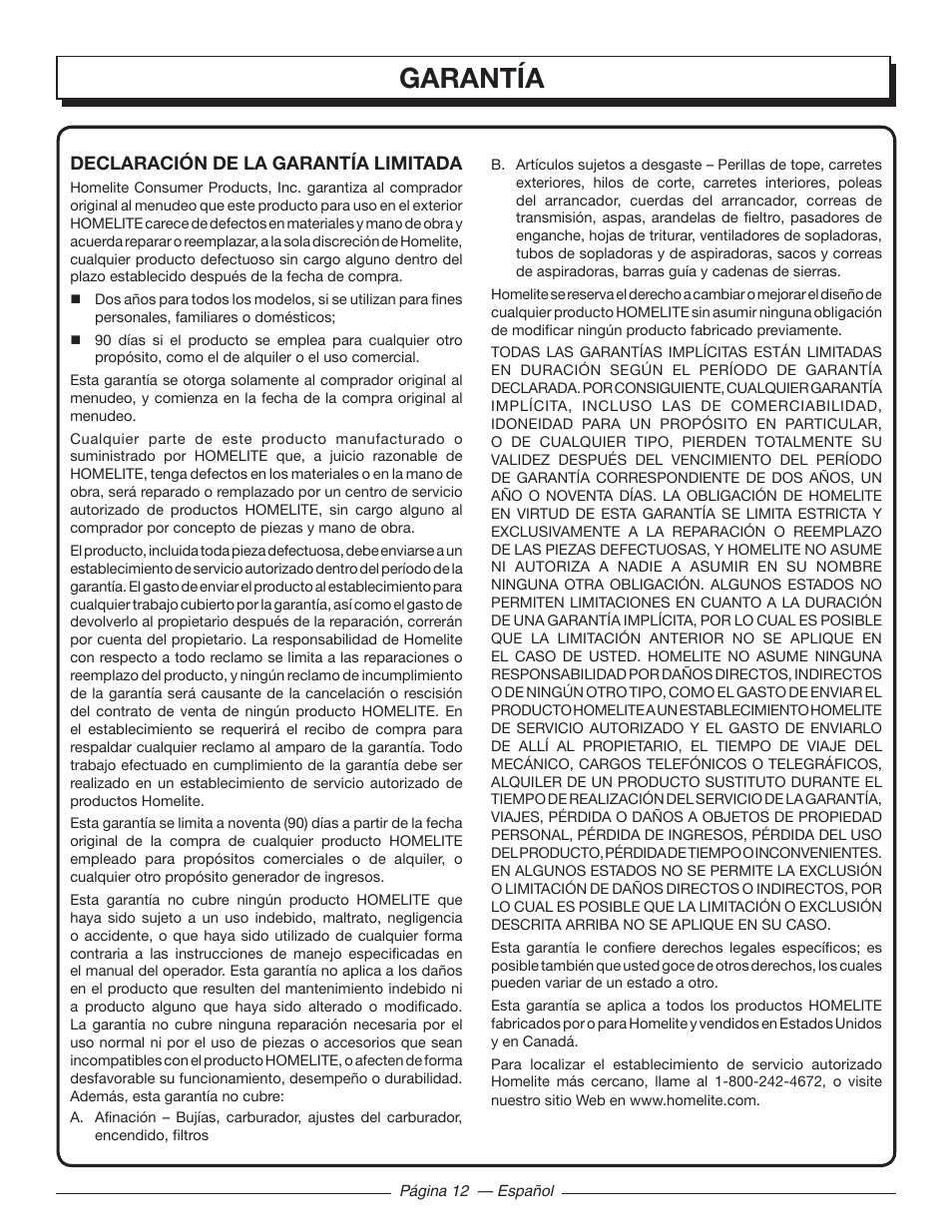 Garantía | Homelite UT41112 User Manual | Page 36 / 38