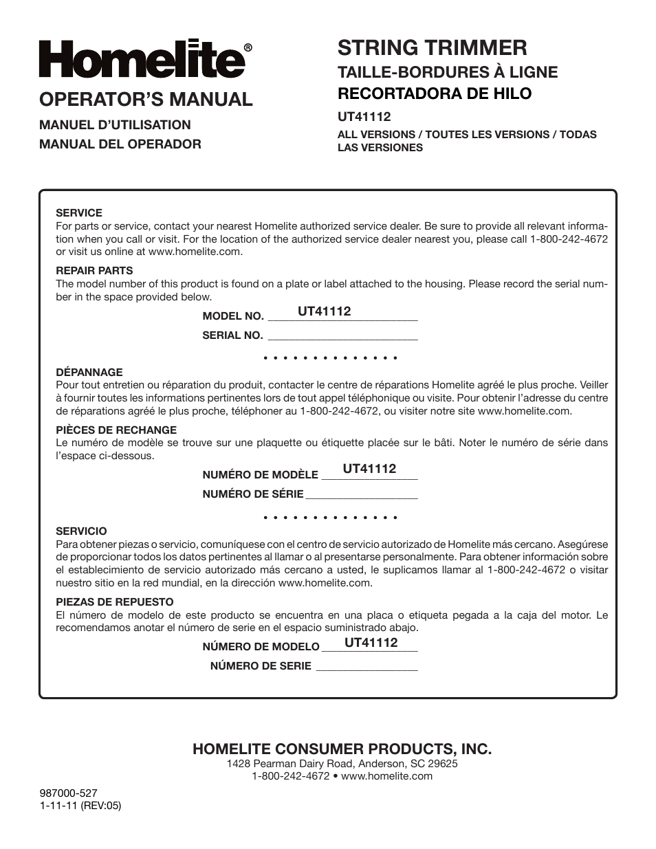 String trimmer, Operator’s manual, Taille-bordures à ligne recortadora de hilo | Homelite consumer products, inc | Homelite UT41112 User Manual | Page 38 / 38