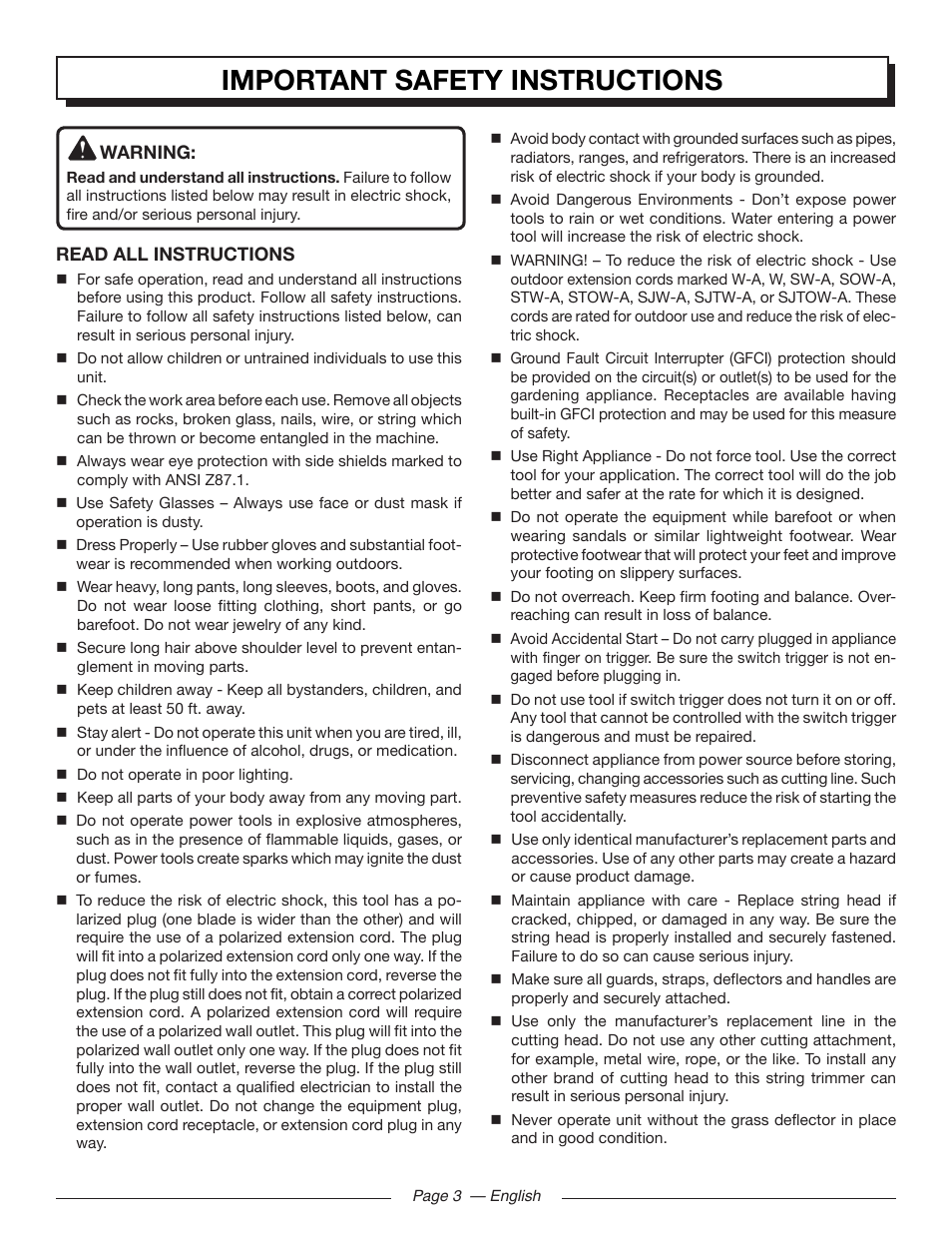 Important safety instructions | Homelite UT41112 User Manual | Page 5 / 38