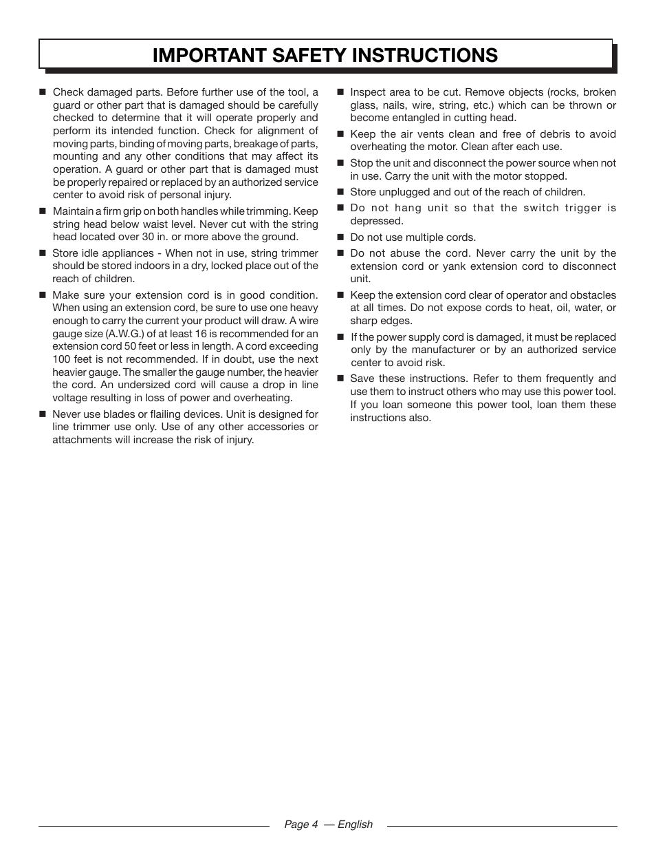 Important safety instructions | Homelite UT41112 User Manual | Page 6 / 38