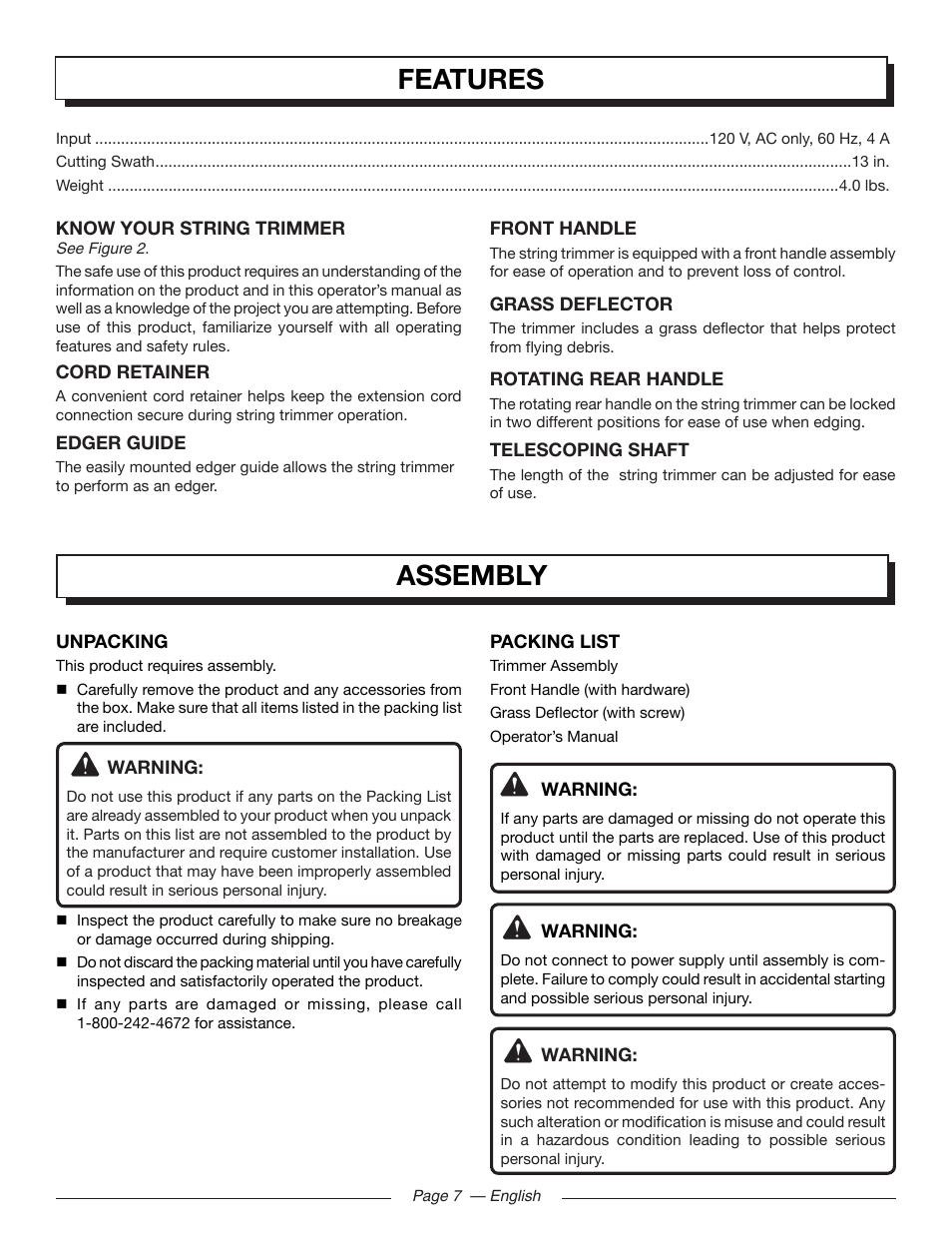 Features, Assembly | Homelite UT41112 User Manual | Page 9 / 38