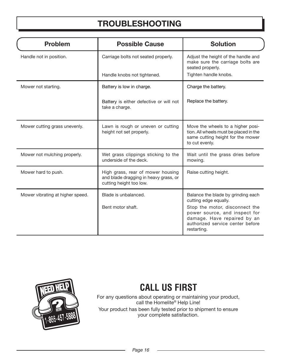 Call us first, Troubleshooting, Problem possible cause solution | Homelite UT13122 User Manual | Page 16 / 20