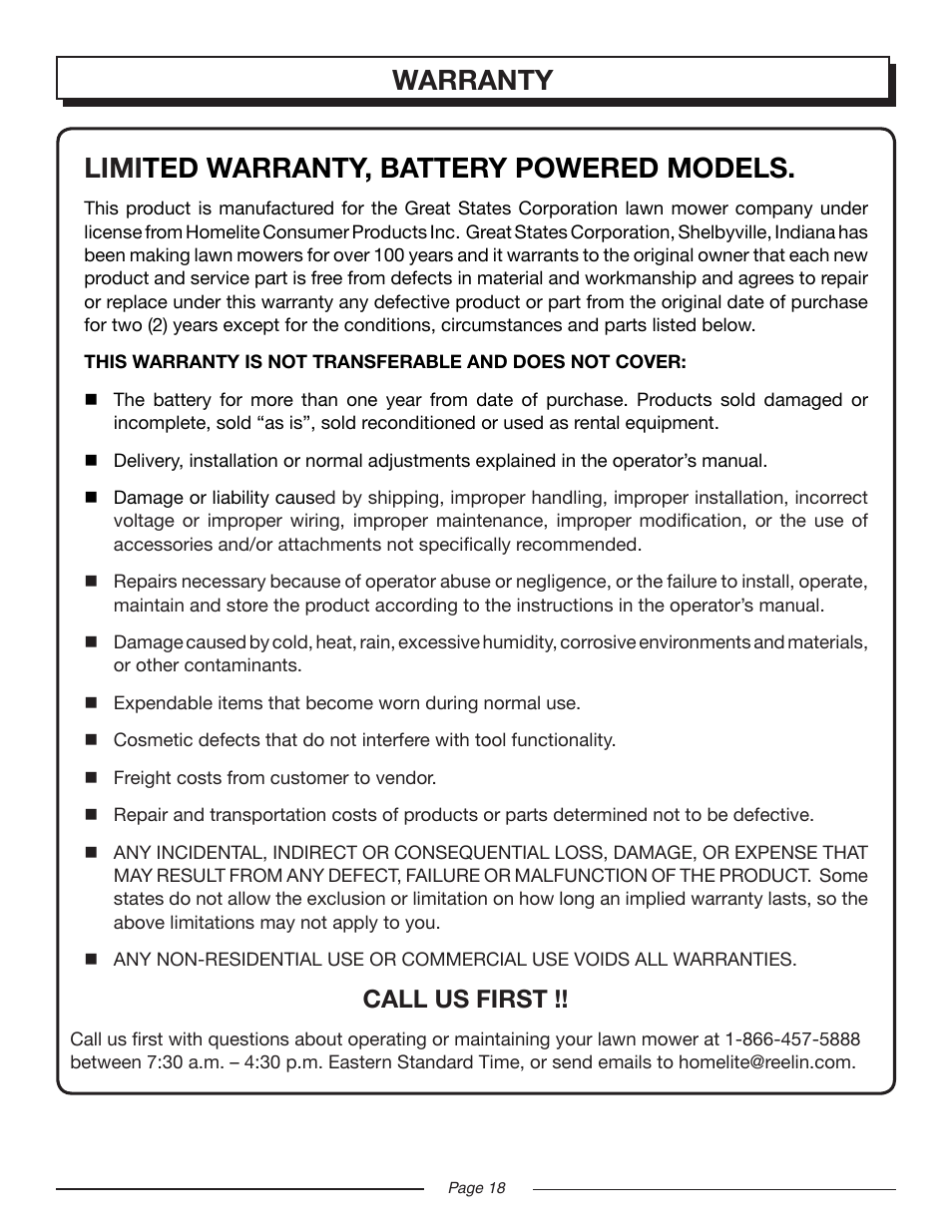 Warranty limi ted warranty, battery powered models, Call us first | Homelite UT13122 User Manual | Page 18 / 20