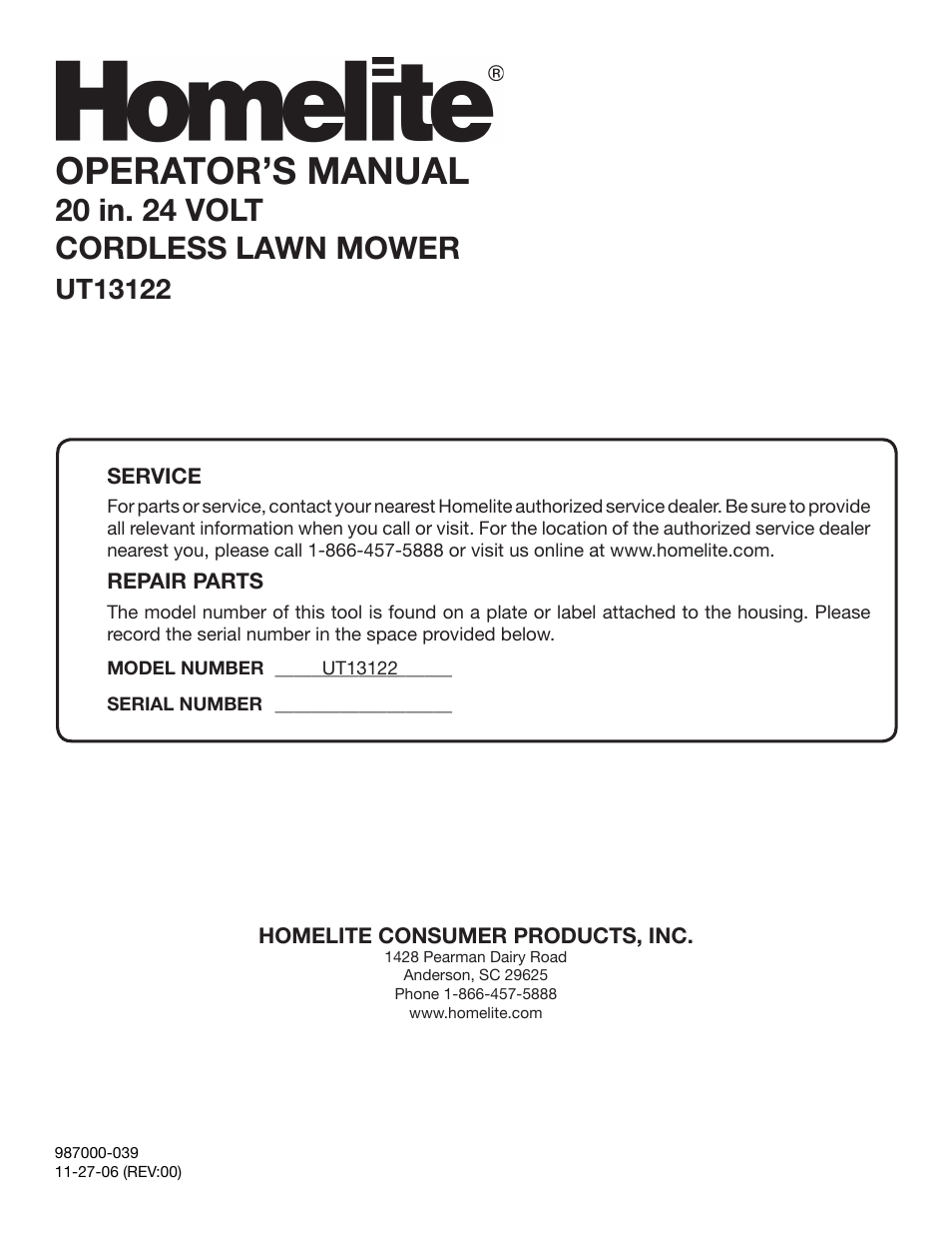 Operator’s manual, 20 in. 24 volt cordless lawn mower | Homelite UT13122 User Manual | Page 20 / 20