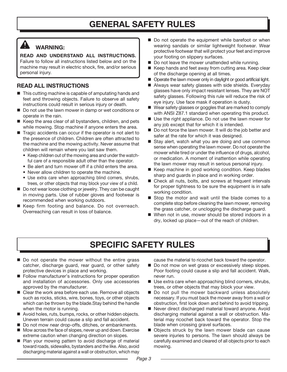 General safety rules, Specific safety rules | Homelite UT13122 User Manual | Page 3 / 20