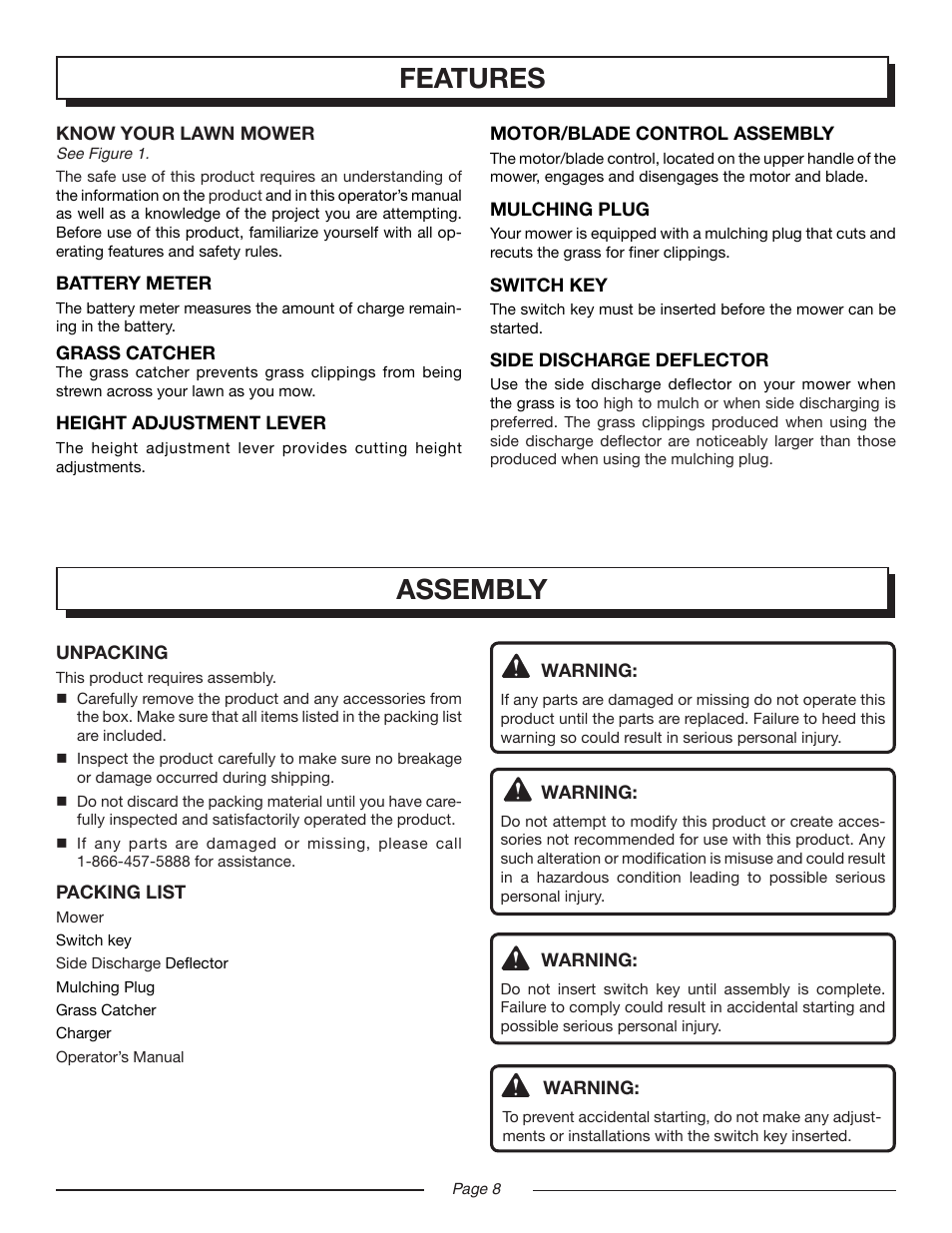 Features, Assembly | Homelite UT13122 User Manual | Page 8 / 20