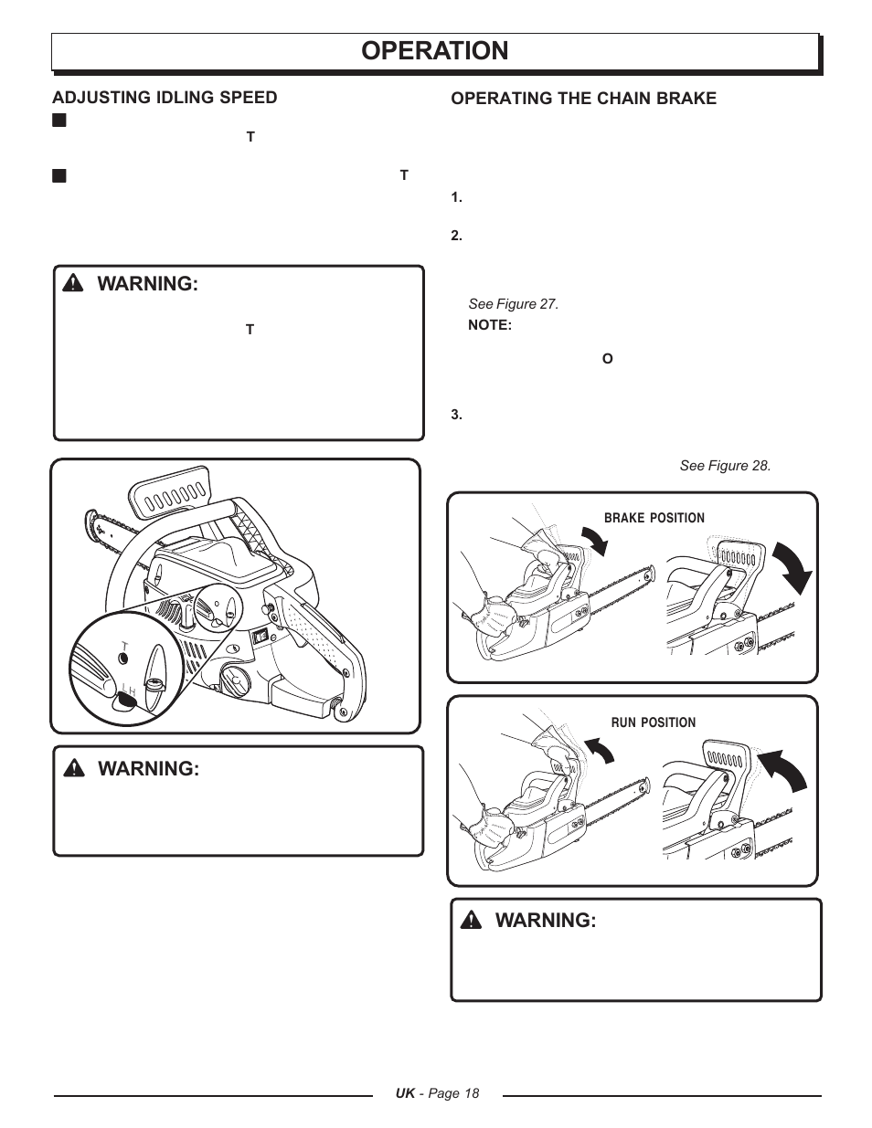 Operation, Warning | Homelite UT74121A User Manual | Page 18 / 40