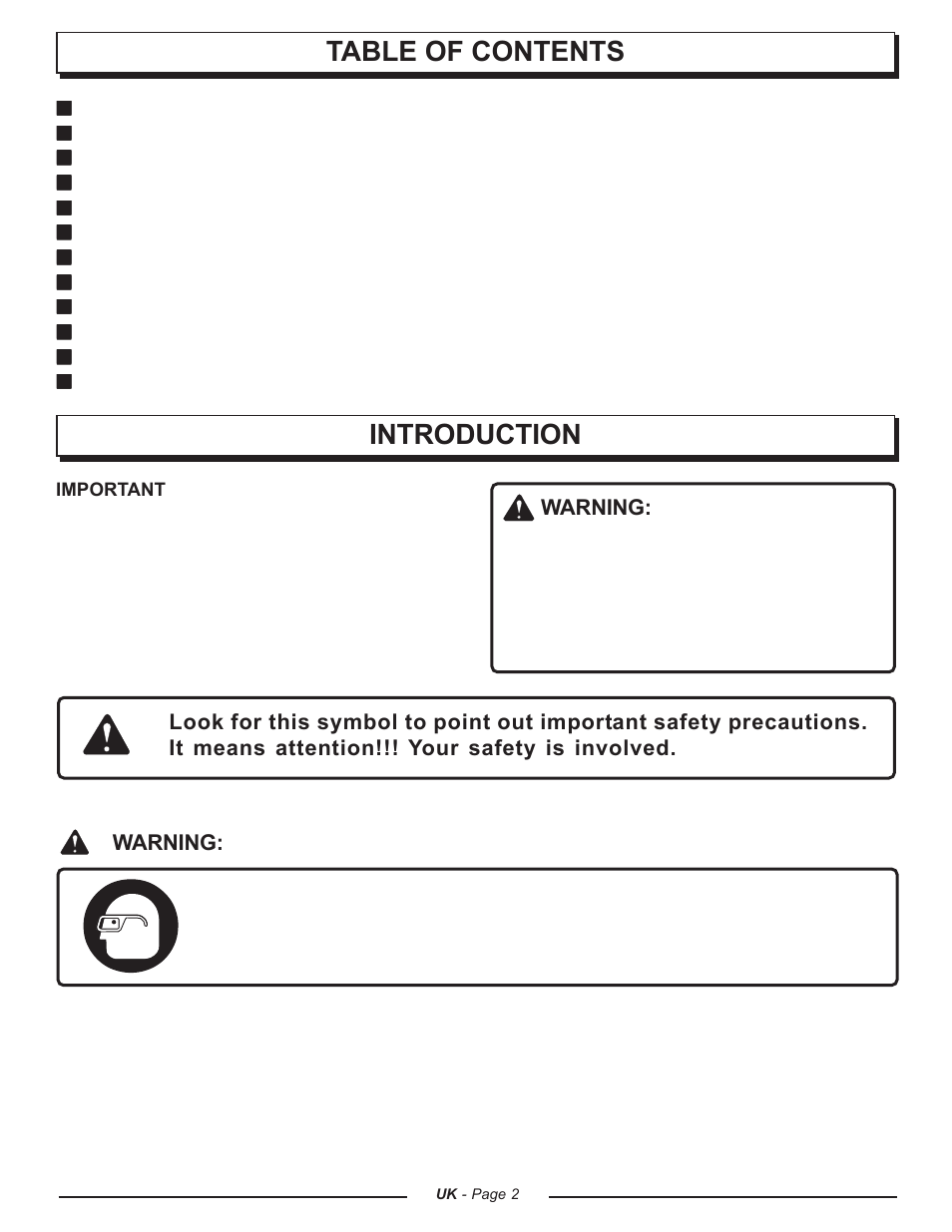 Introduction table of contents, Warning | Homelite UT74121A User Manual | Page 2 / 40