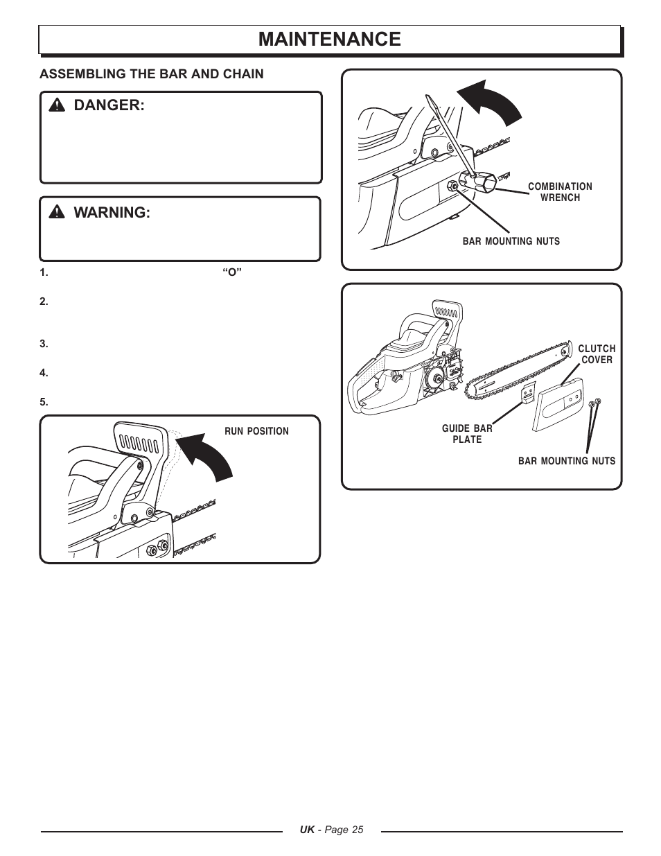 Maintenance, Danger, Warning | Homelite UT74121A User Manual | Page 25 / 40