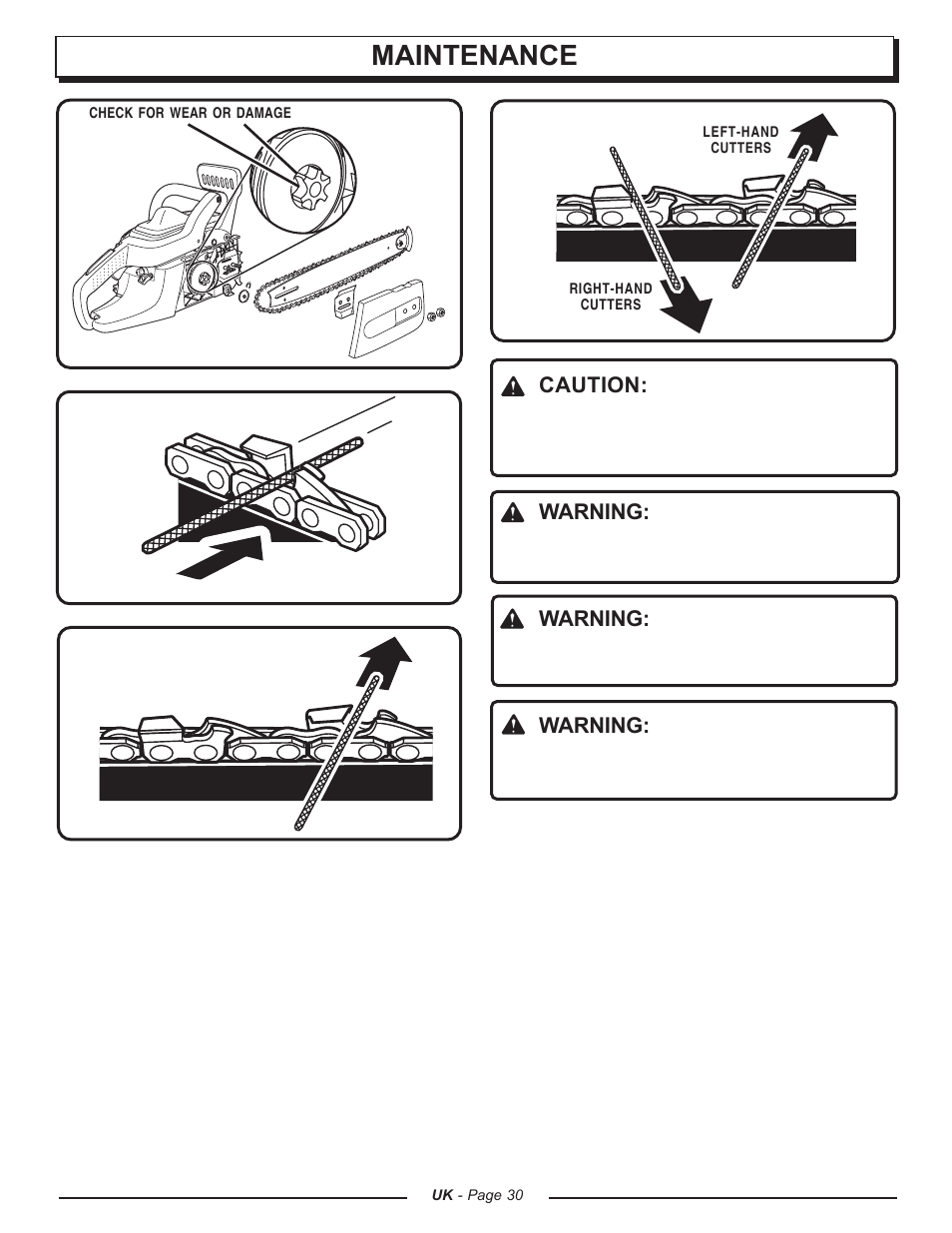 Maintenance, Caution, Warning | Homelite UT74121A User Manual | Page 30 / 40