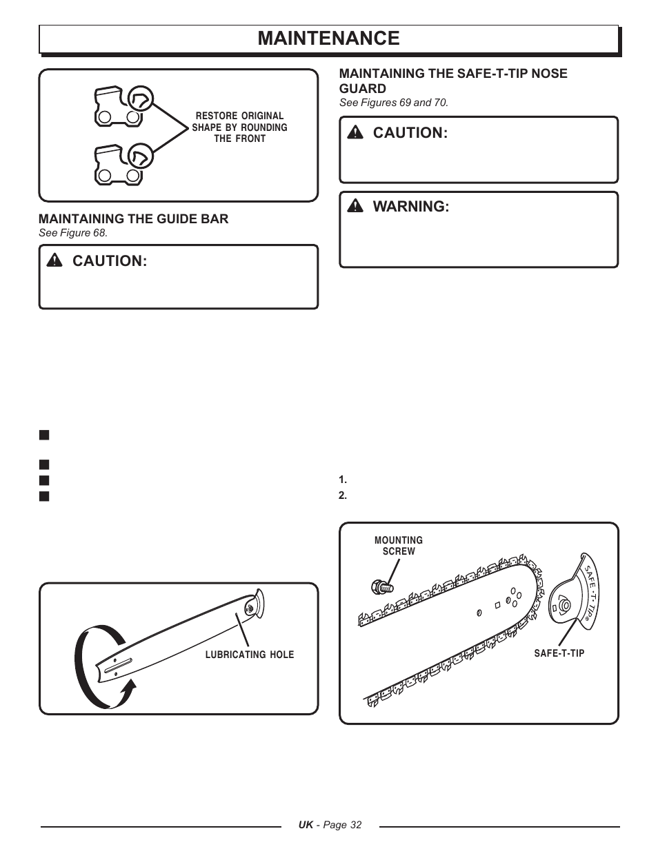 Maintenance, Caution, Warning | Homelite UT74121A User Manual | Page 32 / 40