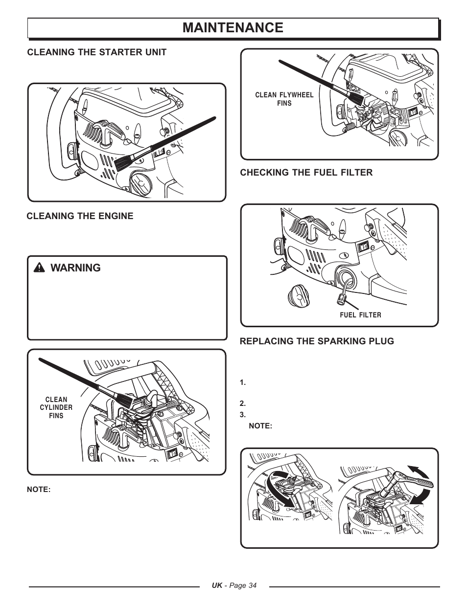 Maintenance, Warning | Homelite UT74121A User Manual | Page 34 / 40