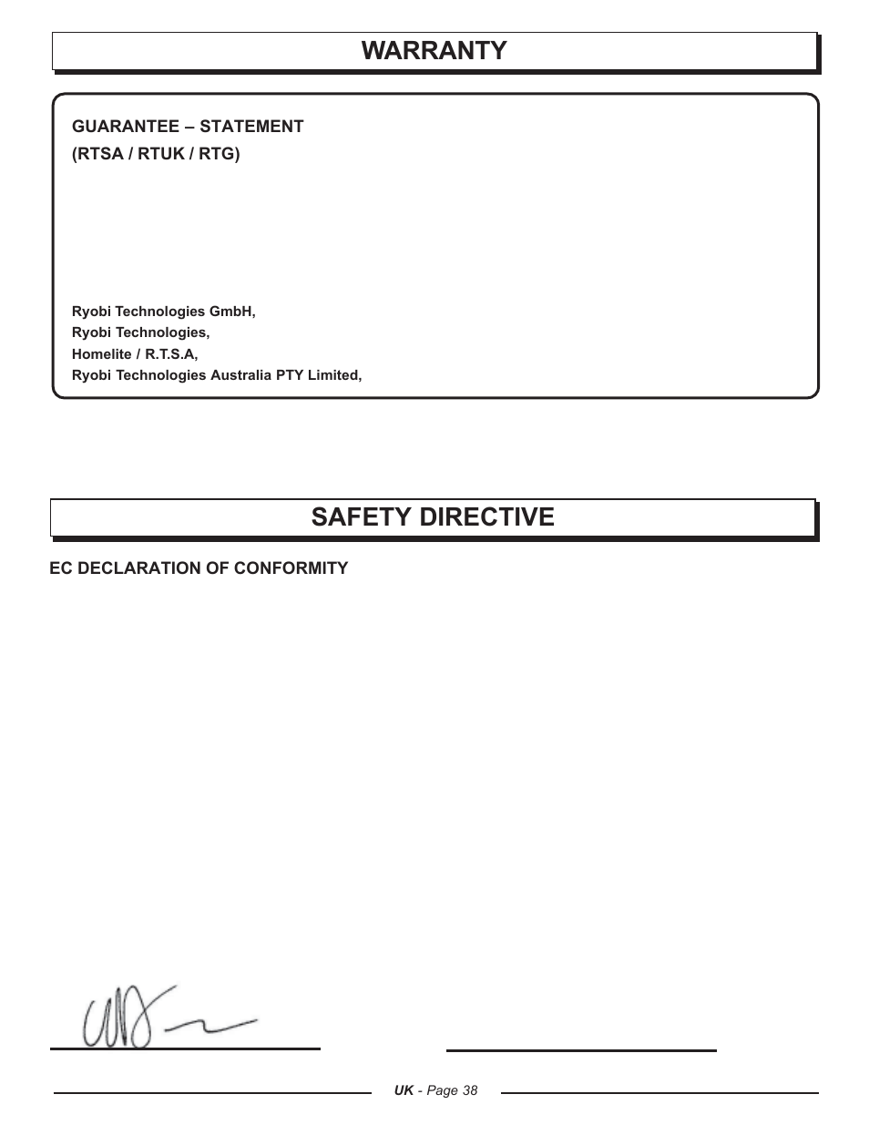 Warranty, Safety directive | Homelite UT74121A User Manual | Page 38 / 40