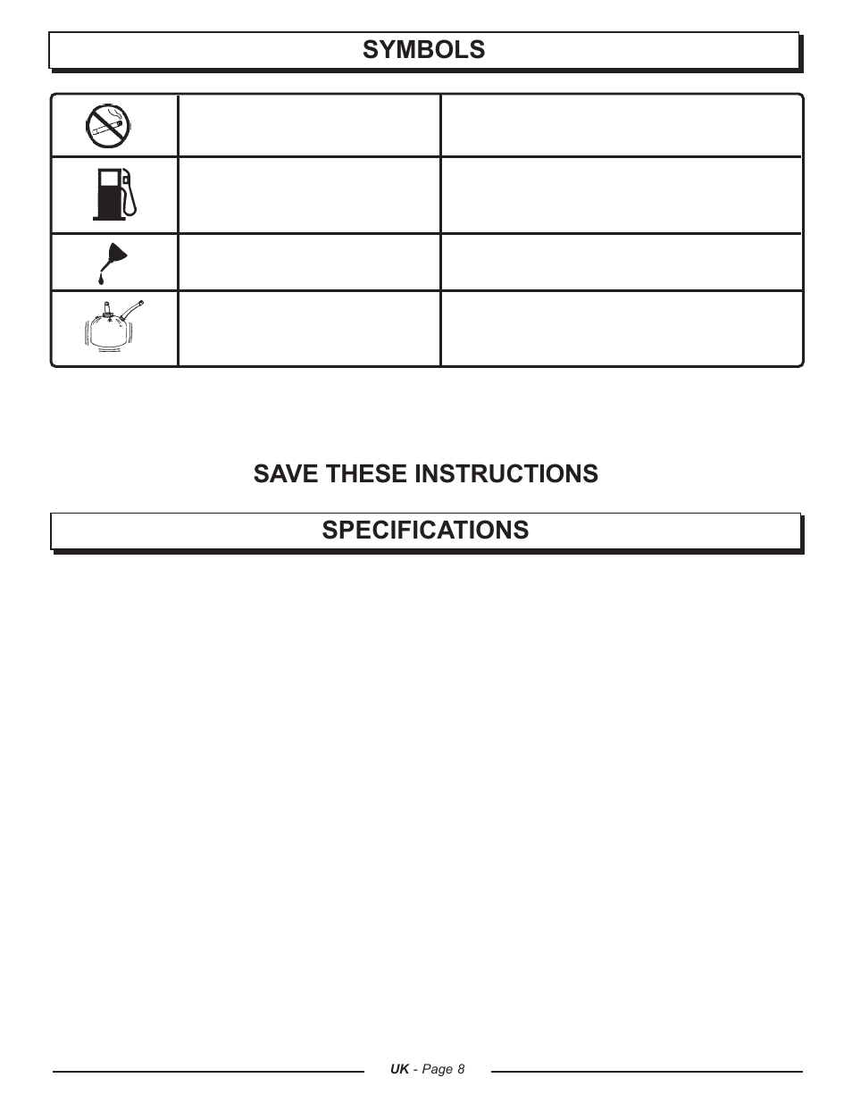 Save these instructions symbols specifications | Homelite UT74121A User Manual | Page 8 / 40