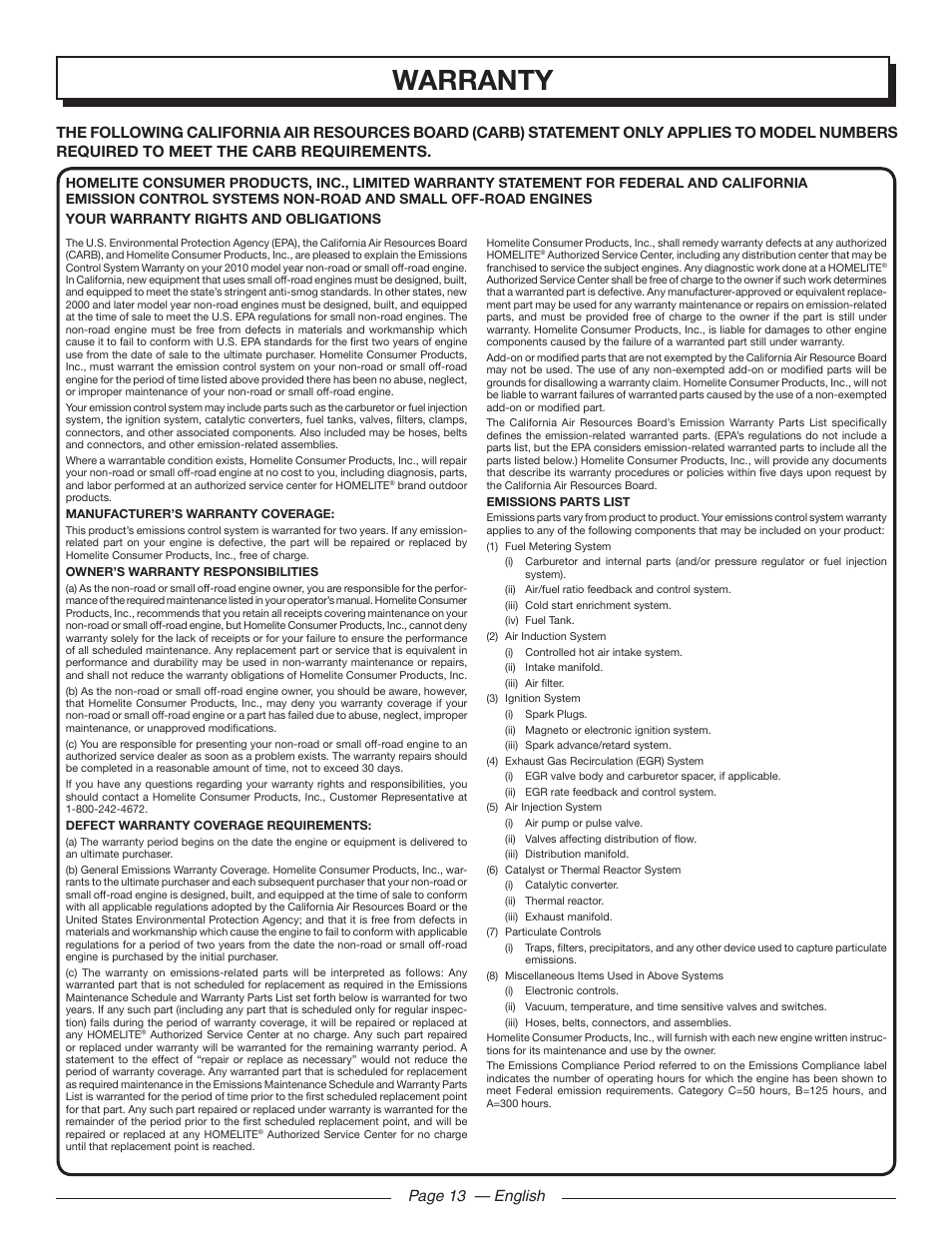 Warranty, Page 13 — english | Homelite UT32650 User Manual | Page 17 / 44